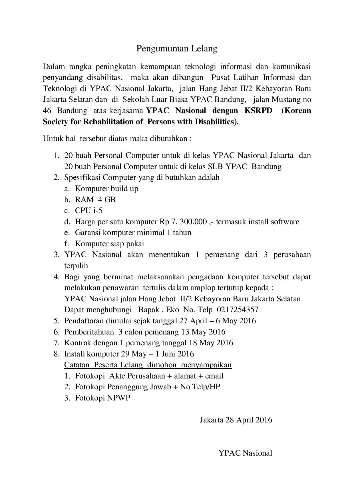 Pengumuman Lelang PC YPAC Jakarta dan SLB Bandung