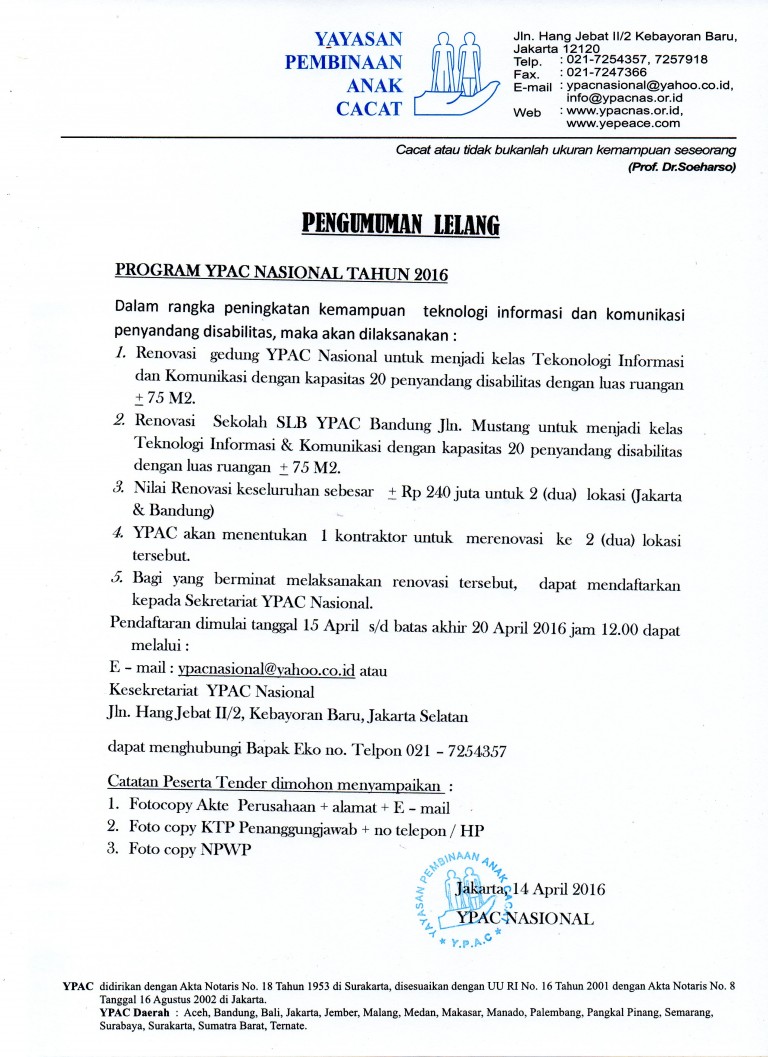 Lelang Renovasi Gedung YPAC NASIONAL dan SLB YPAC Bandung